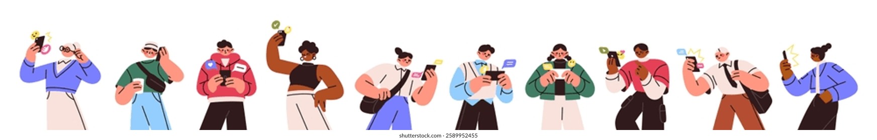 Set of people are using smartphone. Old and young users talk on the telephone, texting in chat. Men and women communicate on the phone call. Flat isolated vector illustrations on white background