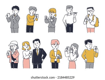 Set of people using smartphones Comical hand-drawn people Vector, warm line drawing