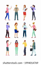Set of people using smartphones. Group of young men and women using phones for call, texting, talking, chatting, selfie, business purposes. Collection of flat male and female characters with phones.