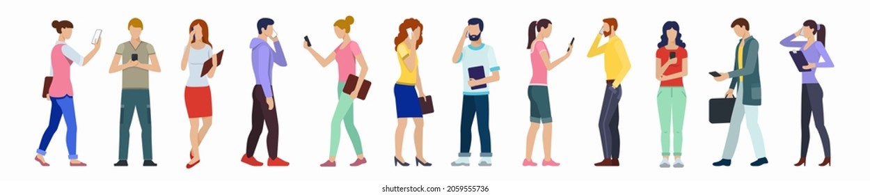 Set of people using smartphones. Group of young men and women using phones for call, texting, talking, chatting, selfie, business purposes. Collection of flat male and female characters with phones.