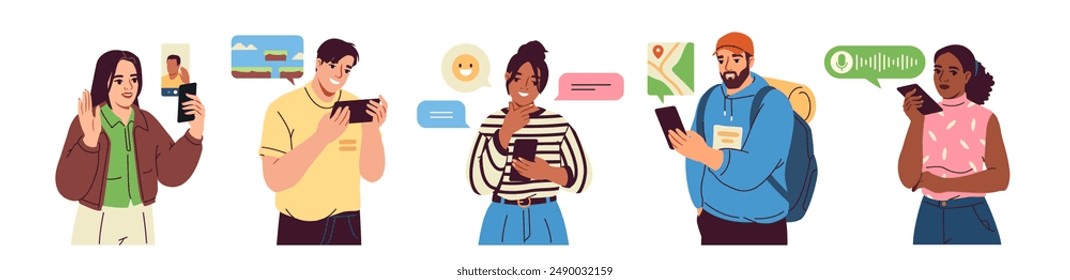 Set of people using smartphones. Happy characters phone users chatting online, video calling with friends, recording voice message and playing games. Flat vector illustration isolated on background