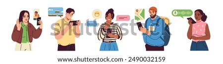 Set of people using smartphones. Happy characters phone users chatting online, video calling with friends, recording voice message and playing games. Flat vector illustration isolated on background