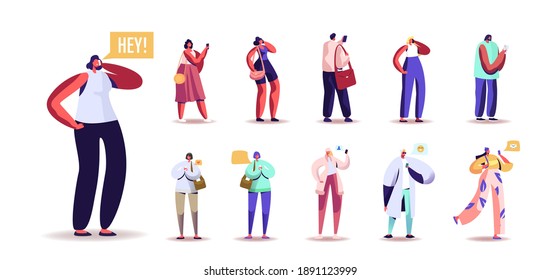 Set of People Using Smartphones. Male and Female Characters Communicate with Mobile Phones, Calling to Friends, Chatting and Messaging in Web Isolated on White Background. Cartoon Vector Illustration