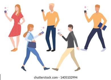 Set of people using smartphones. Young men and women standing, walking, holding mobile phones. People concept. Vector illustration can be used for topics like communication or wireless connection