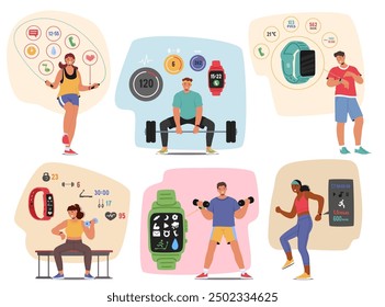 Set Of People Using Smartwatches And Fitness Apps During Exercises. Characters Running, Lifting Weights And Cycling, Highlights The Use Of Technology In Tracking Health Metrics And Workout Progress