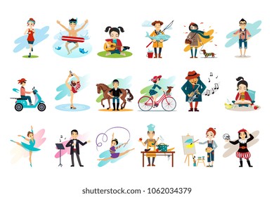 Set of people in various actions. Males and females engaged in their favorite hobbies. Active and healthy lifestyle. Cartoon characters. Colorful flat vector design