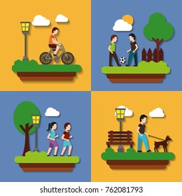 set people various activities couple runner walking with dog and rider bicycle