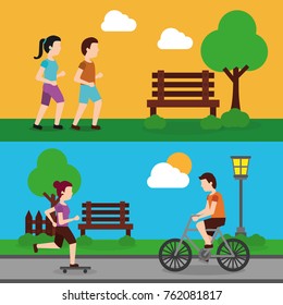 set people various activities couple runner and man riding bicycle, woman skater