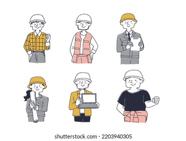 A set of people of various ages and genders working in the construction industry Comical hand-drawn people Vector, line drawing and color