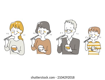 A set of people of various ages who chew well and eat. Warm hand-drawn person illustrations. svg