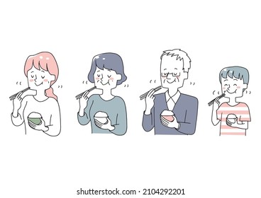 A set of people of various ages who chew well and eat. Warm hand-drawn person illustrations. svg