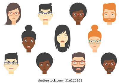 Set of people of various ethnicity expressing facial emotions. Scared faces with open mouths. Set of people with scared faces. Set of vector flat design illustrations isolated on white background.