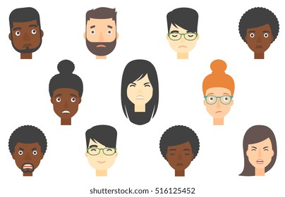 Set of people of various ethnicity expressing diverse emotions. Embarrassed man looking to the side. Woman feels embarrassed. Set of vector flat design illustrations isolated on white background.