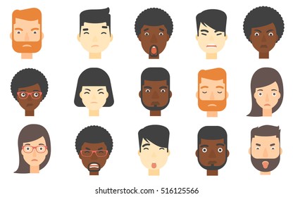 Set of people of various ethnicity expressing negative emotions. Human faces with negative emotions. Evil man looking aggressively. Set of vector flat design illustrations isolated on white background