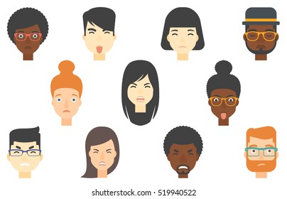 Set of people of various ethnicity expressing diverse facial emotions. Angry young man screaming. Man expressing anger on his face. Set of vector flat design illustrations isolated on white background