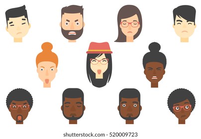 Set of people of various ethnicity expressing diverse emotions. Contemptuous man sticking out tongue. Annoyed woman showing tongue. Set of vector flat design illustrations isolated on white background