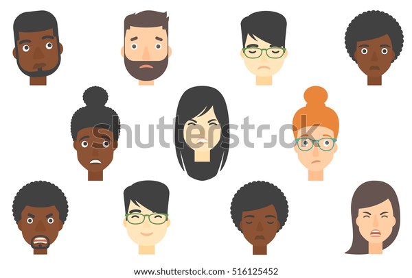 多様な感情を表すさまざまな民族の人々の集まり 恥ずかしい男が横を見ている 女は恥ずかしがる 白い背景にベクターフラットデザインイラストのセット のベクター画像素材 ロイヤリティフリー 516125452