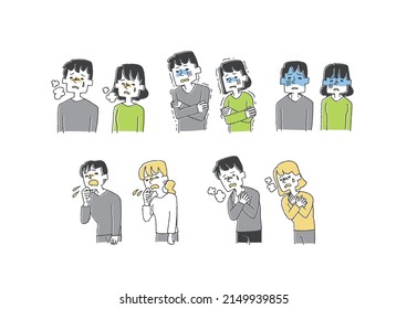 A set of people with various illnesses Comical handwritten people Vectors, line drawings and colors