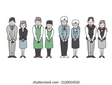 A set of people from various industries who bow, a comical handwritten person, a vector, and simple coloring of line drawings.