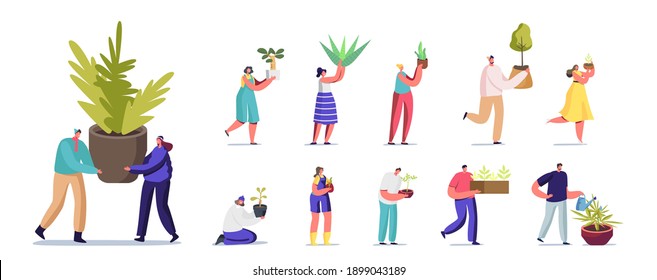 Set of People with Various Plants. Male and Female Characters with Potted Flowers, Gardening Hobby, Tree Planting, Care of Domestic Plants Isolated on White Background. Cartoon Vector Illustration