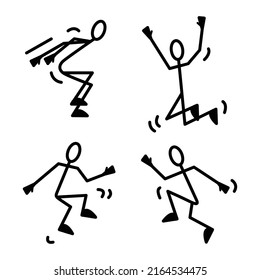 A set of people in various poses imitating movement. Simplified image of a person playing sports. Schematic sketch of a man running and jumping. Outline doodle illustration.