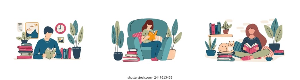 Gruppe von Menschen Vektorillustrationen lesen Buch. Männer und Frauen lesen zu Hause Literatur verschiedener Genres, Studierende lernen aus Lehrbüchern. Cartoon flache isolierte Illustration.