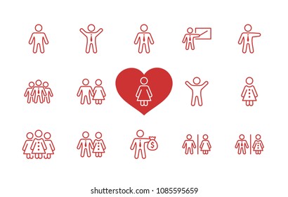 Set of people vector line icons. It contains the symbols of a man, a woman, a family, a toilet, a businessman, a teacher, and much more. Editable move. 32x32 pixels.