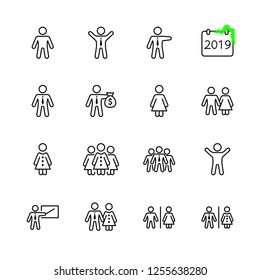 Set of people vector line icons. It contains the symbols of a man, a woman, a family, a toilet, a businessman, a teacher, and much more. Editable Stroke. 32x32 pixels.