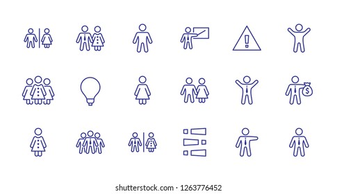 Set of people vector line icons. It contains the symbols of a man, a woman, a family, a toilet, a businessman, a teacher, and much more. Editable Stroke. 32x32 pixels.