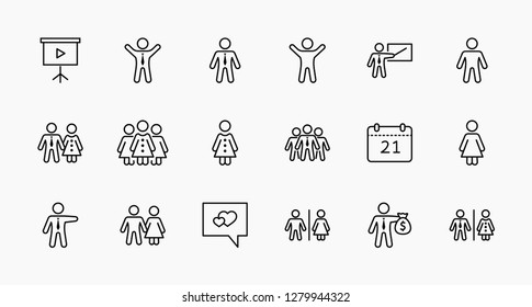 Set of people vector line icons. It contains the symbols of a man, a woman, a family, a toilet, a businessman, a teacher, and much more. Editable Stroke. 32x32 pixels.