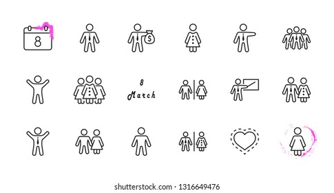 Set of people vector line icons. It contains the symbols of a man, a woman, a family, a toilet, a businessman, a teacher, and much more. Editable Stroke. 32x32 pixels.