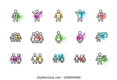 Set of people vector line icons. It contains the symbols of a man, a woman, a family, a toilet, a businessman, a teacher, and much more. Editable Stroke. 32x32 pixels.
