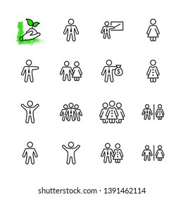 Set of people vector line icons. It contains the symbols of a man, a woman, a family, a toilet, a businessman, a teacher, and much more. Editable Stroke. 32x32 pixels.