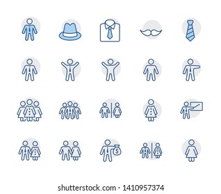 Set of people vector line icons. It contains the symbols of a man, a woman, a family, a toilet, a businessman, a teacher, and much more. Editable Stroke. 32x32 pixels.