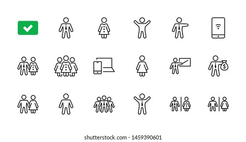 Set of people vector line icons. It contains the symbols of a man, a woman, a family, a toilet, a businessman, a teacher, and much more. Editable Stroke. 32x32 pixels.