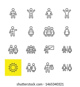 Set of people vector line icons. It contains the symbols of a man, a woman, a family, a toilet, a businessman, a teacher, and much more. Editable Stroke. 32x32 pixels.