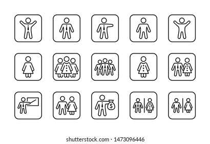 Set of people vector line icons. It contains the symbols of a man, a woman, a family, a toilet, a businessman, a teacher, and much more. Editable Stroke. 32x32 pixels.