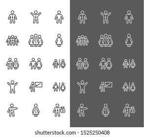 Set of People vector line icons. It contains the symbols of a man, a woman, a family, a toilet, a businessman, a teacher, and much more. Editable Stroke. 32x32 pixels.