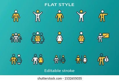 Set of people vector line icons. It contains the symbols of a man, a woman, a family, a toilet, a businessman, a teacher, and much more. Editable Stroke. 32x32 pixels.
