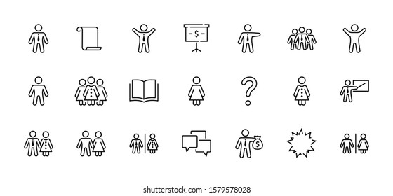 Set of People vector line icons. It contains the symbols of a man, a woman, a family, a toilet, a businessman, a teacher, and much more. Editable Stroke. 32x32 pixels.