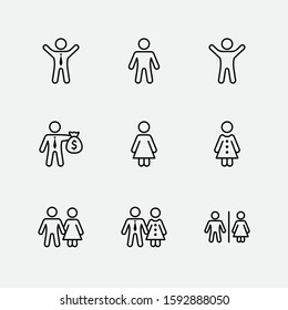 Set of people vector line icons. It contains the symbols of a man, a woman, a family, a toilet, a businessman, a teacher, and much more. Editable Stroke. 32x32 pixels.