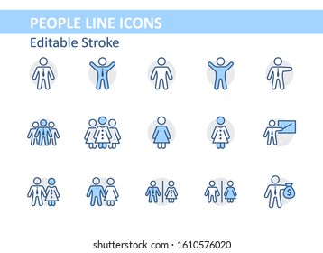 Set of people vector line icons. It contains the symbols of a man, a woman, a family, a toilet, a businessman, a teacher, and much more. Editable Stroke. 32x32 pixels.