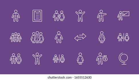 Set of People vector line icons. It contains the symbols of a man, a woman, a family, a toilet, a businessman, a teacher, and much more. Editable Stroke. 32x32 pixels.