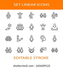 Set of people vector line icons. It contains the symbols of a man, a woman, a family, a toilet, a businessman, a teacher, and much more. Editable Stroke. 32x32 pixels.