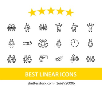 Set of people vector line icons. It contains the symbols of a man, a woman, a family, a toilet, a businessman, a teacher, and much more. Editable Stroke. 32x32 pixels.