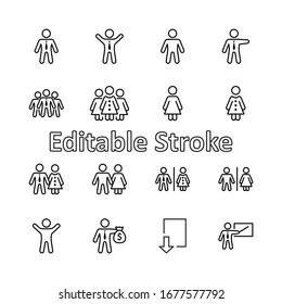 Conjunto de iconos de línea vectorial de personas. Contiene los símbolos de un hombre, una mujer, una familia, un baño, un hombre de negocios, un profesor y mucho más. Trazo editable. 32x32 píxeles.