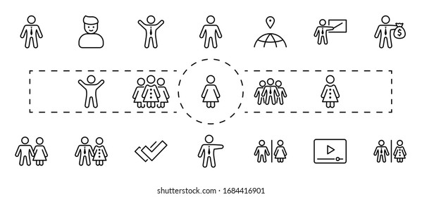 Set of people vector line icons. It contains the symbols of a man, a woman, a family, a toilet, a businessman, a teacher, and much more. Editable Stroke. 32x32 pixels.