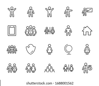 Set of people vector line icons. It contains the symbols of a man, a woman, a family, a toilet, a businessman, a teacher, and much more. Editable Stroke. 32x32 pixels.