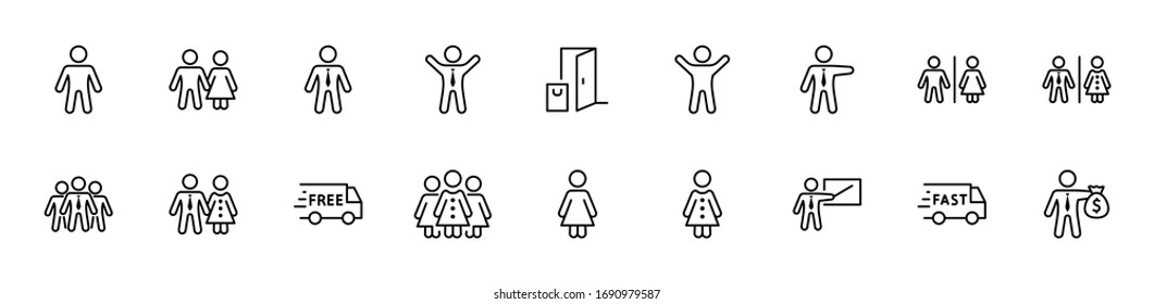 Set of people vector line icons. It contains the symbols of a man, a woman, a family, a toilet, a businessman, a teacher, and much more. Editable Stroke. 32x32 pixels.