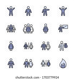 Set of people vector line icons. It contains the symbols of a man, a woman, a family, a toilet, a businessman, a teacher, and much more. Editable Stroke. 32x32 pixels.